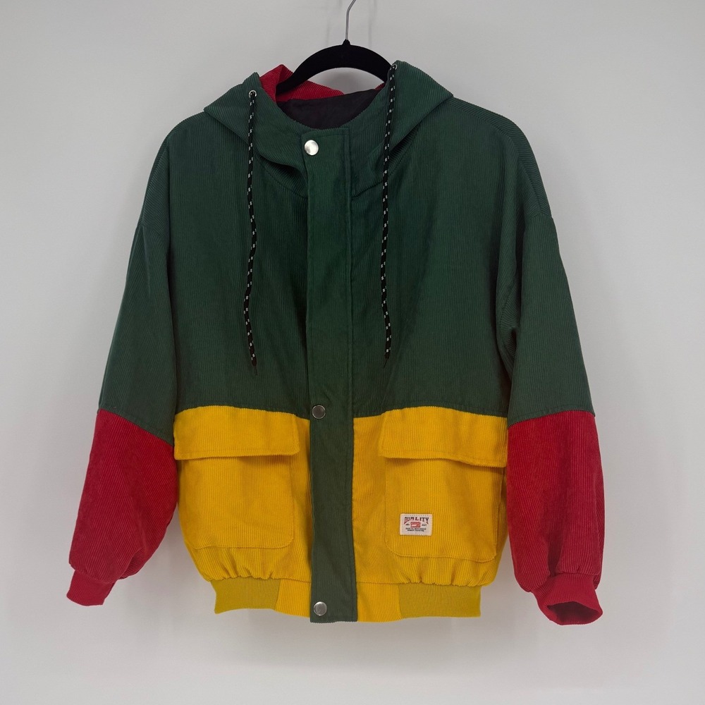 Quality Men Best Corduroy Colorblock Hooded Jacket Green Yellow Red Streetwear
